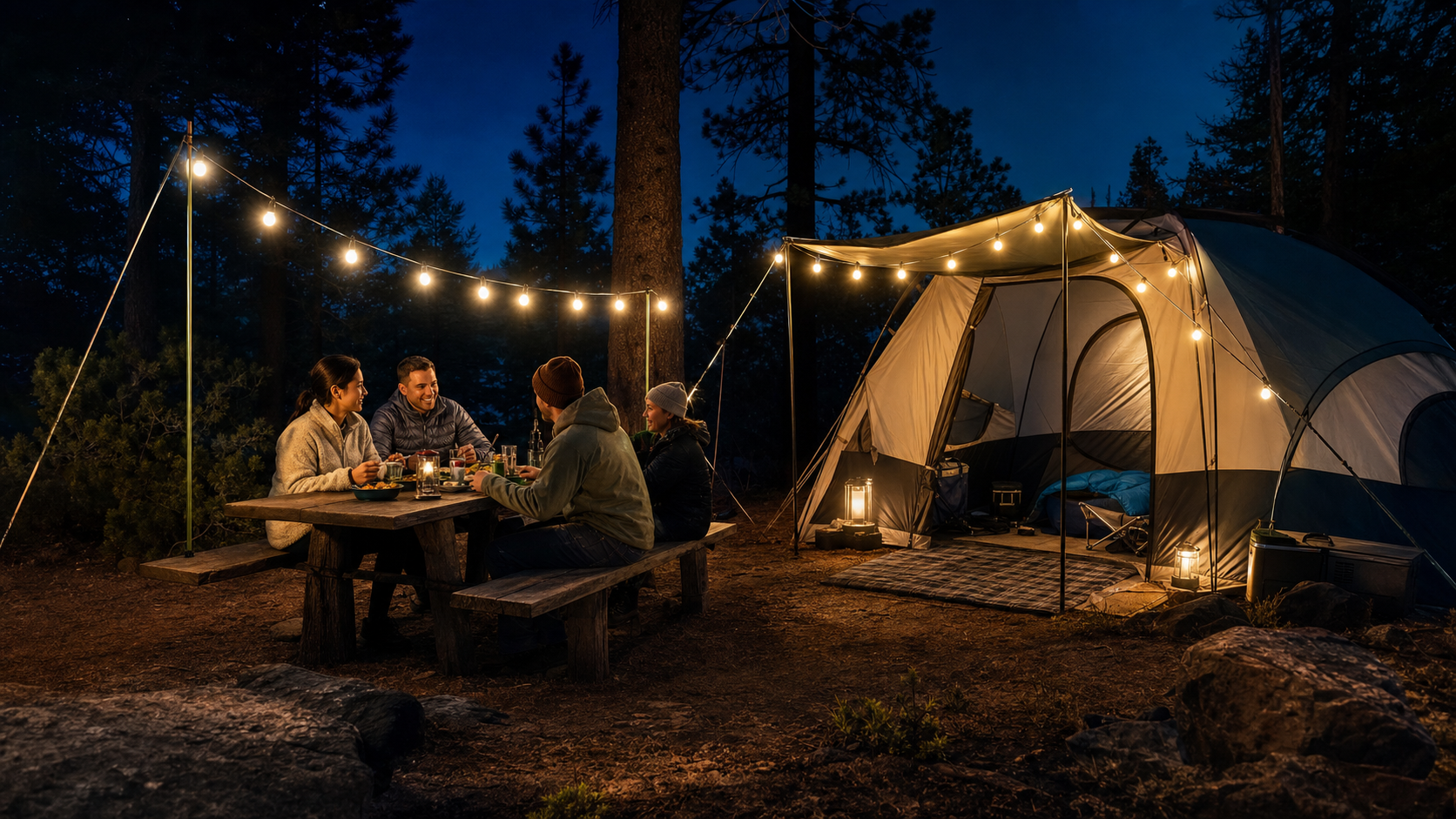 camping string lights battery creating warm low-glare light around a finished campsite dinner setup