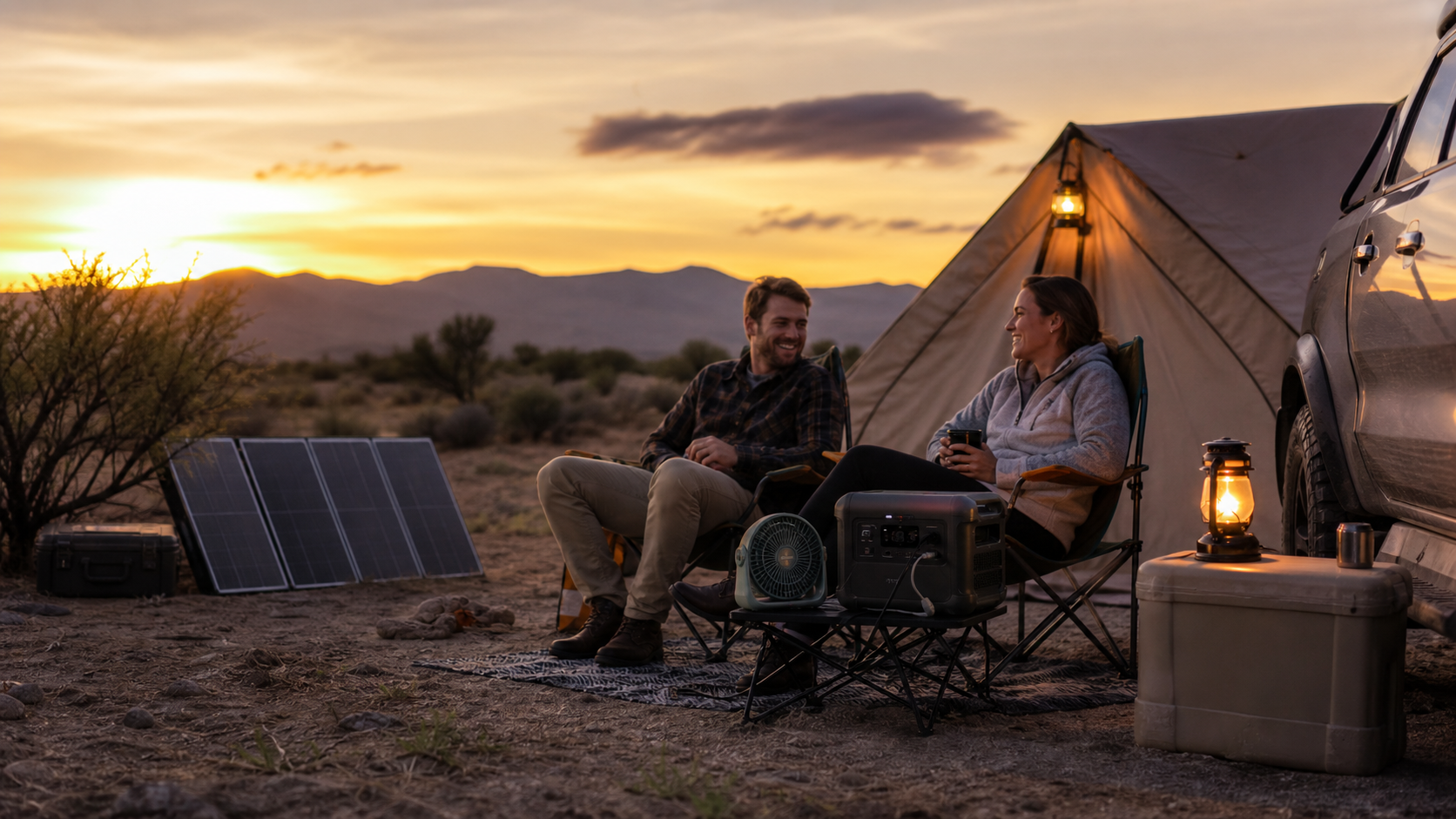 folding solar panel camping evening comfort scene with charged gear