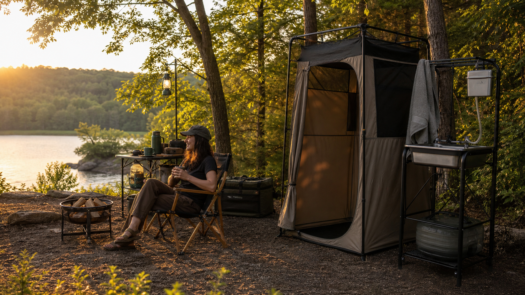 organized campsite privacy shelter next to a camp wash station at sunset