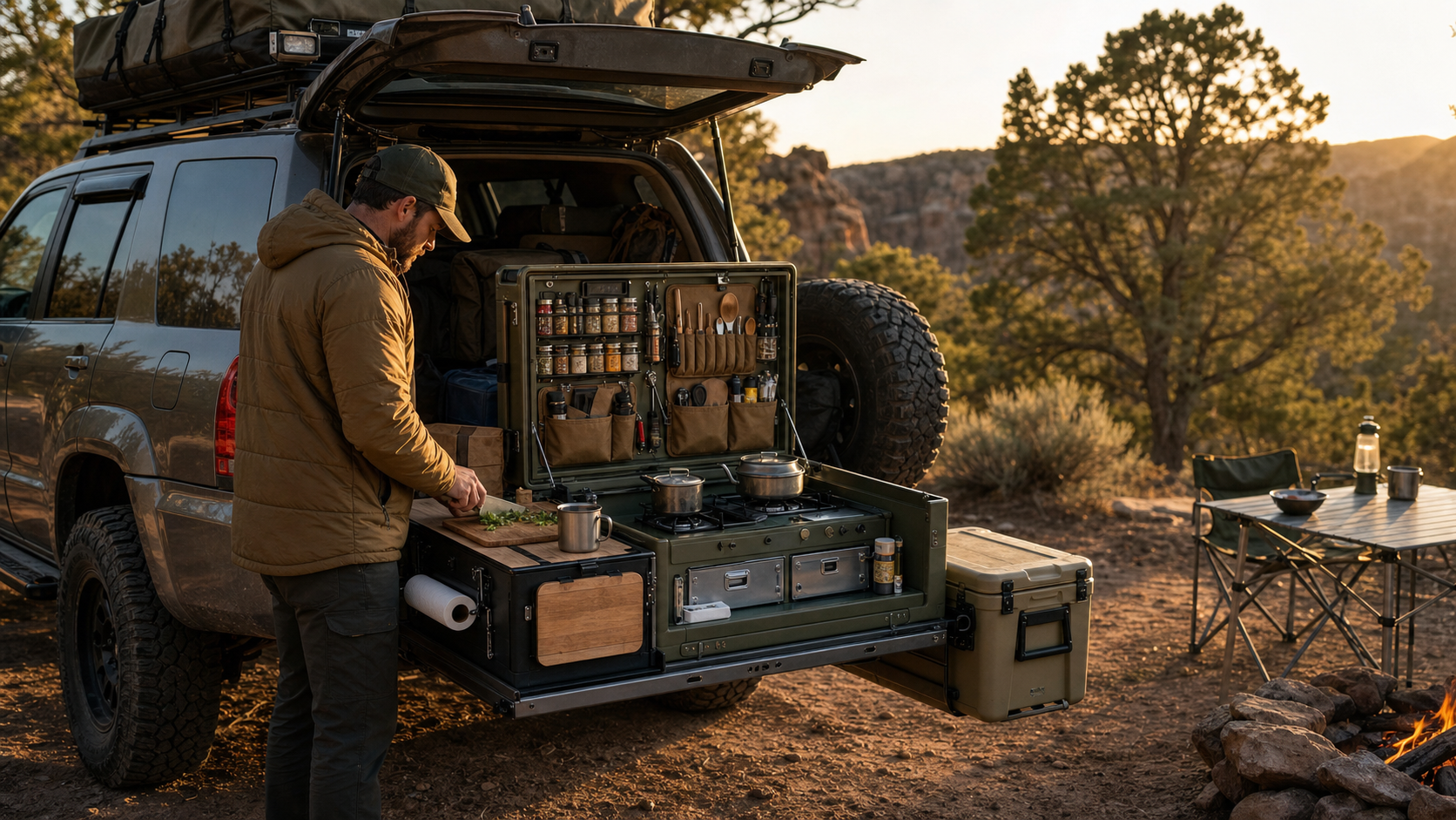 overland camp kitchen box opened on a vehicle tailgate for practical desert camp meal prep