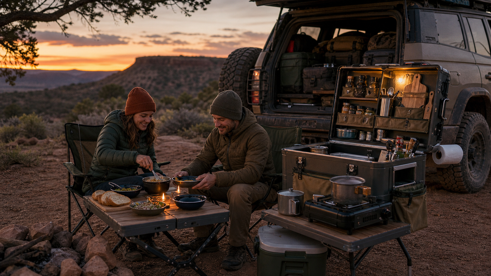overland camp kitchen box helping campers serve a simple hot meal at dusk