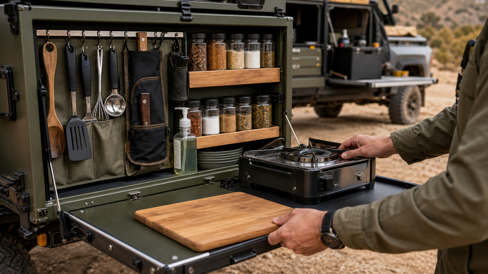 overland camp kitchen box close-up with utensils spices cutting board and burner laid out neatly