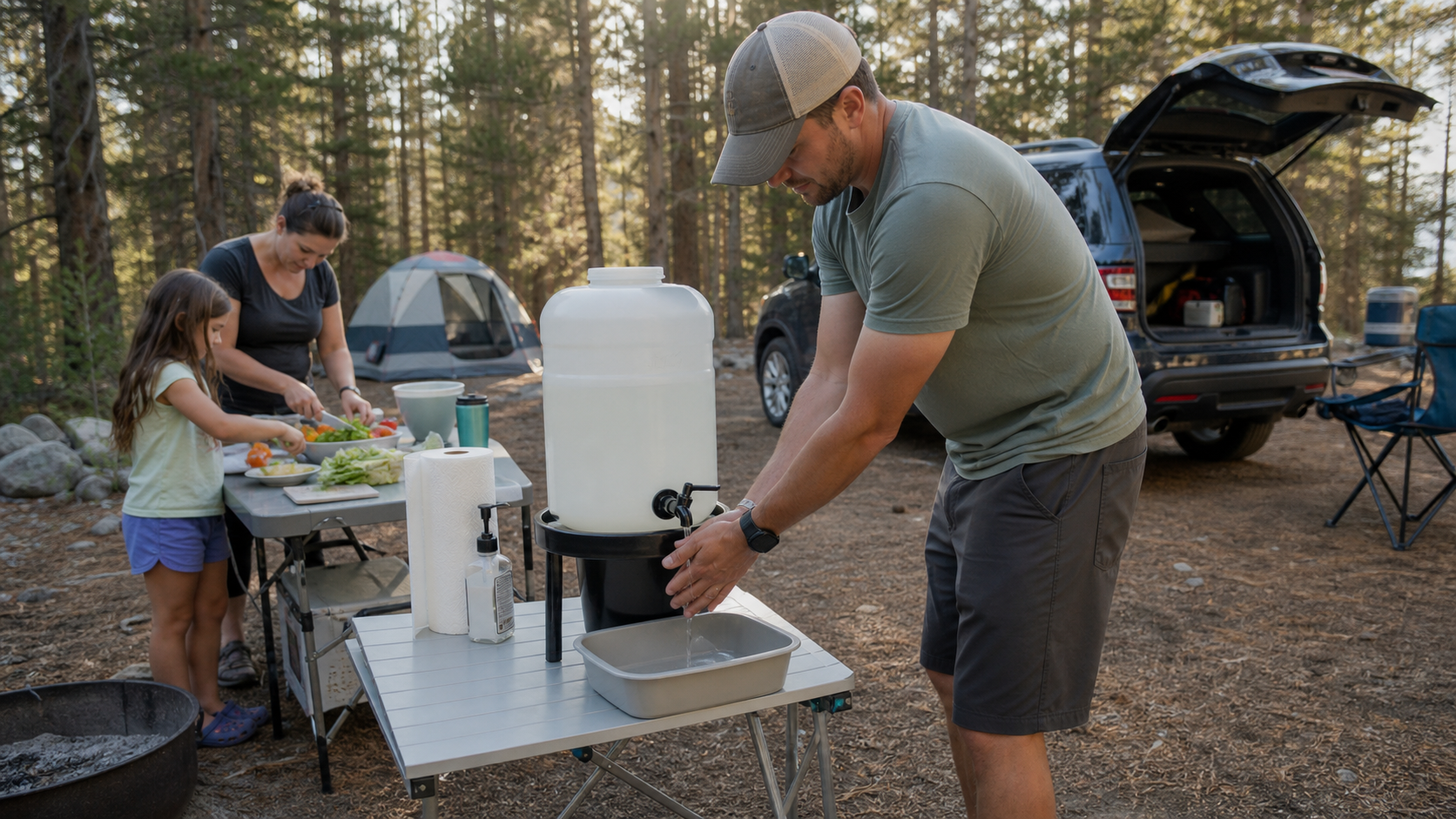 portable hand washing station camping setup beside a family camp kitchen table