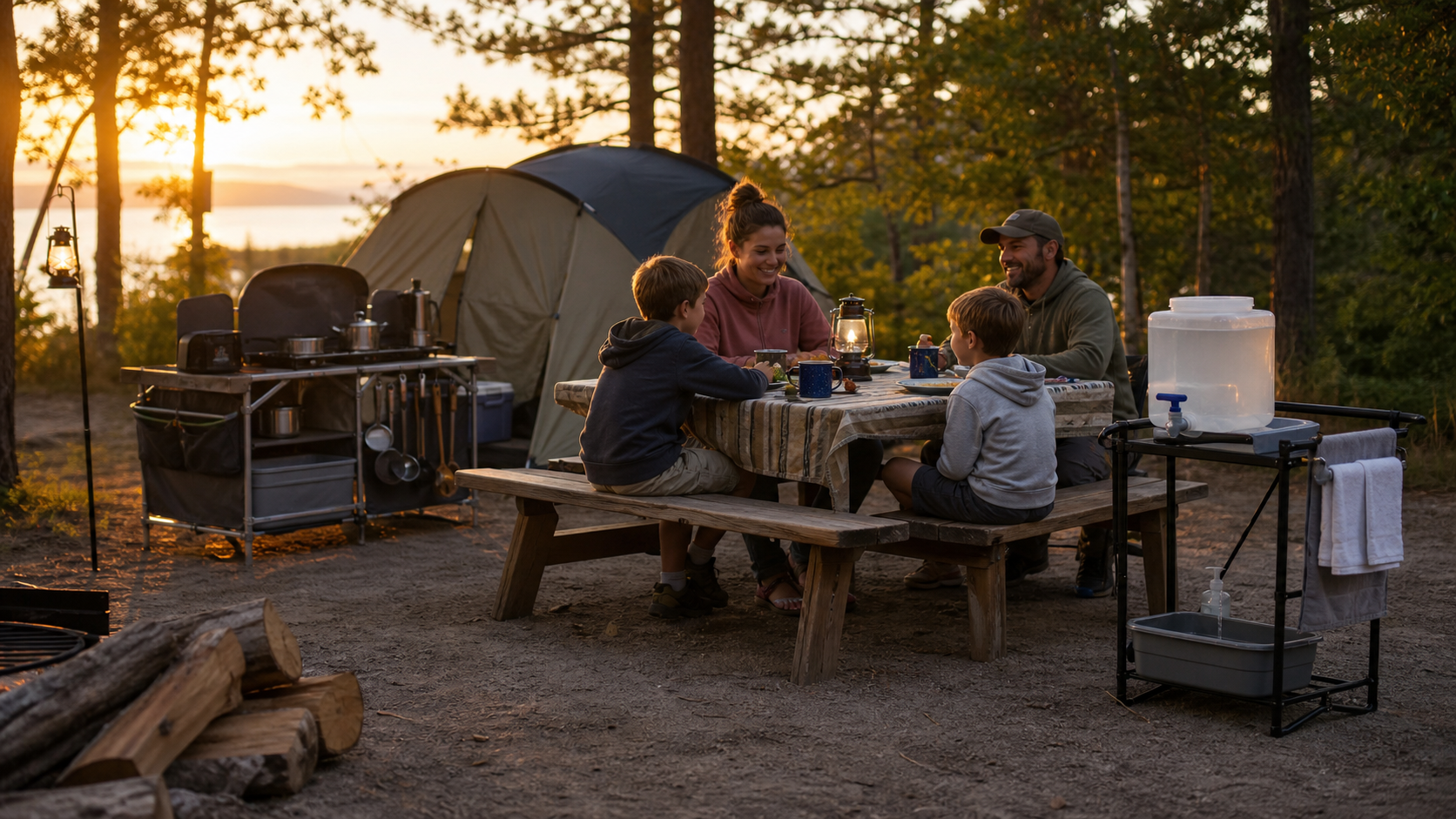portable hand washing station camping setup keeping a family campsite cleaner at dinner