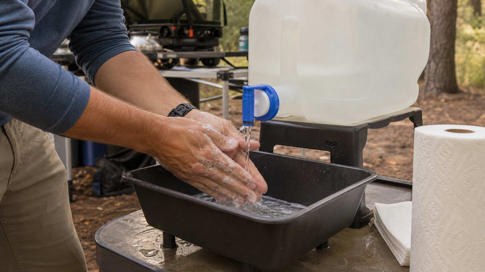 close-up of portable hand washing station camping setup with soap water and catch basin