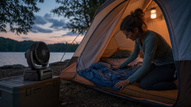 rechargeable camping fan cooling a warm summer tent campsite at dusk