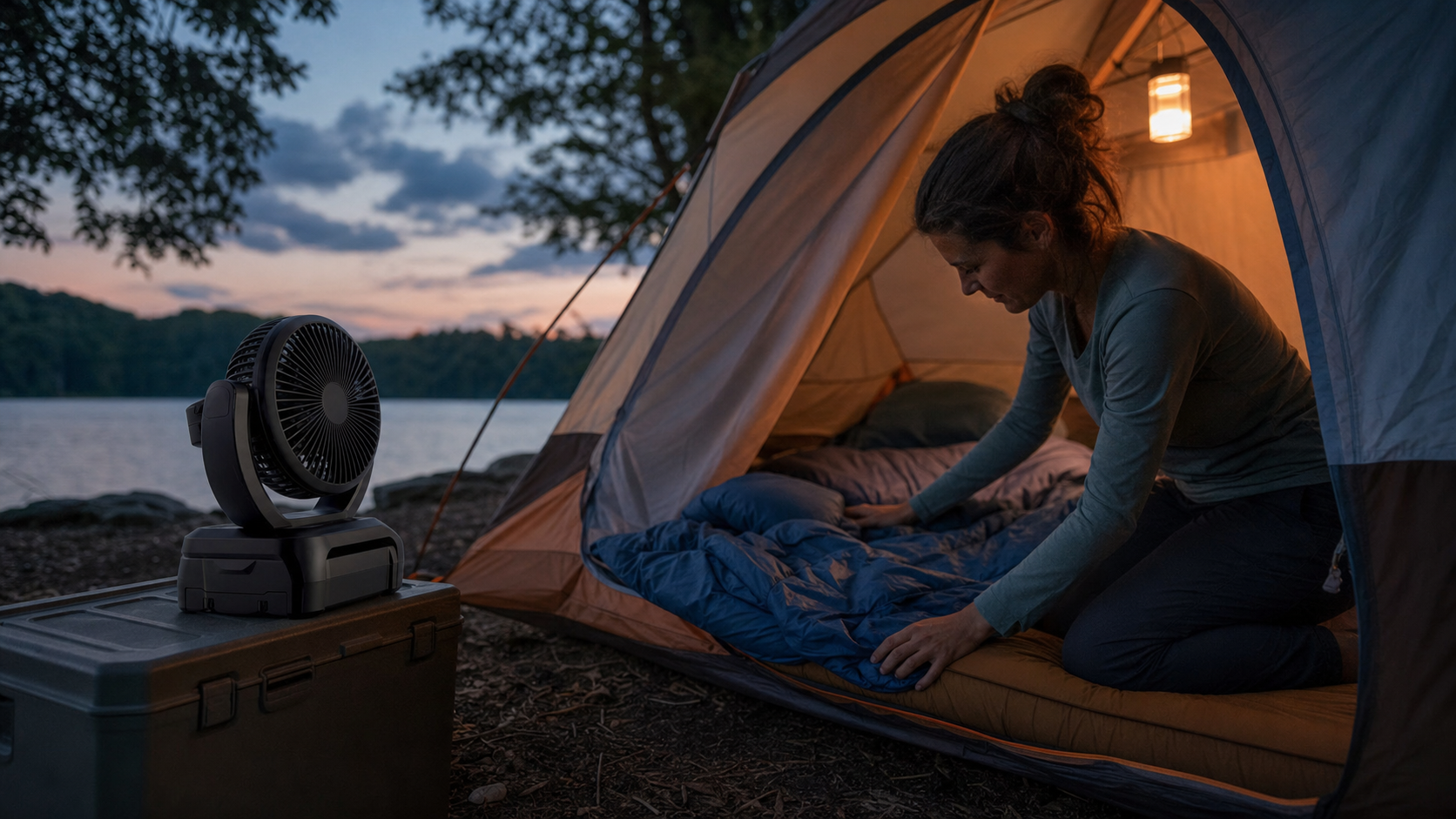 rechargeable camping fan cooling a warm summer tent campsite at dusk