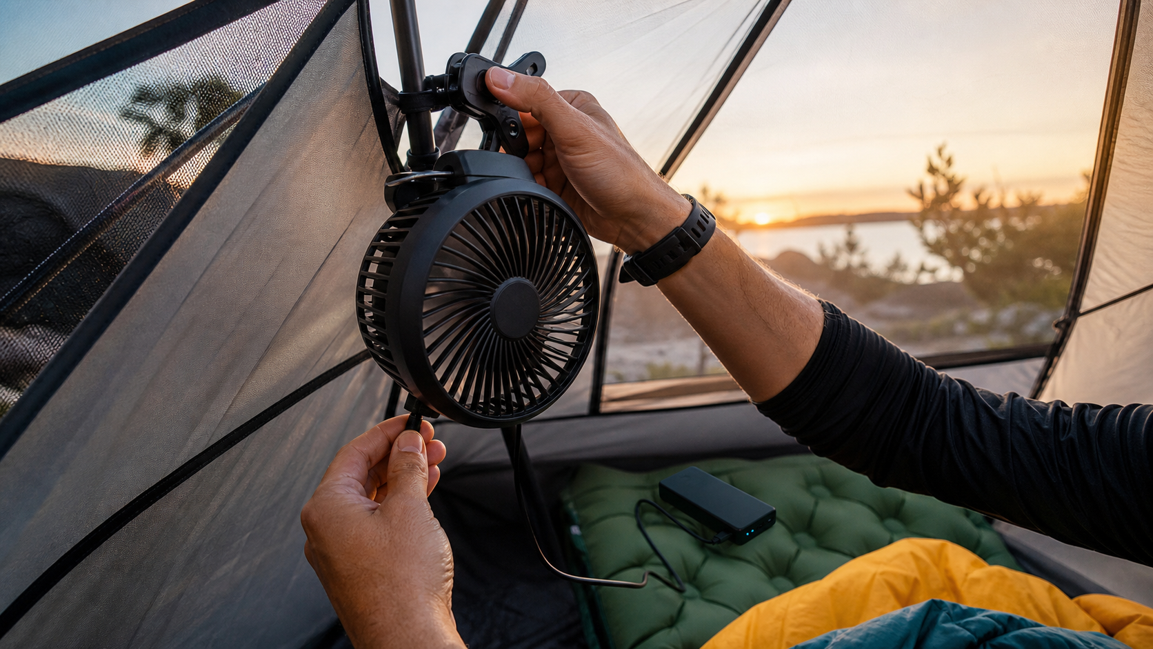 rechargeable camping fan clipped inside a tent near a sleeping pad and power bank