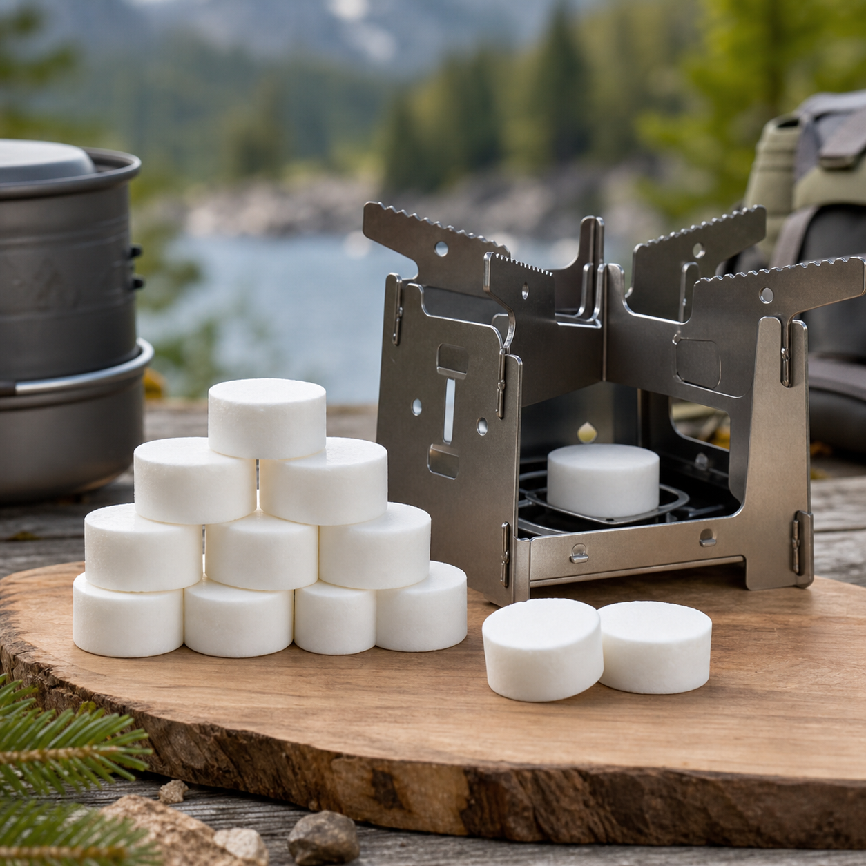 Coghlan's fuel tablets product-focused camping stove setup