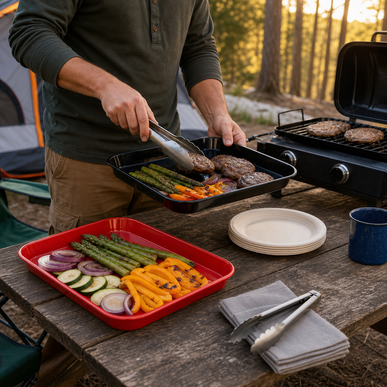 Camper using separate red and black prep trays beside a grill
