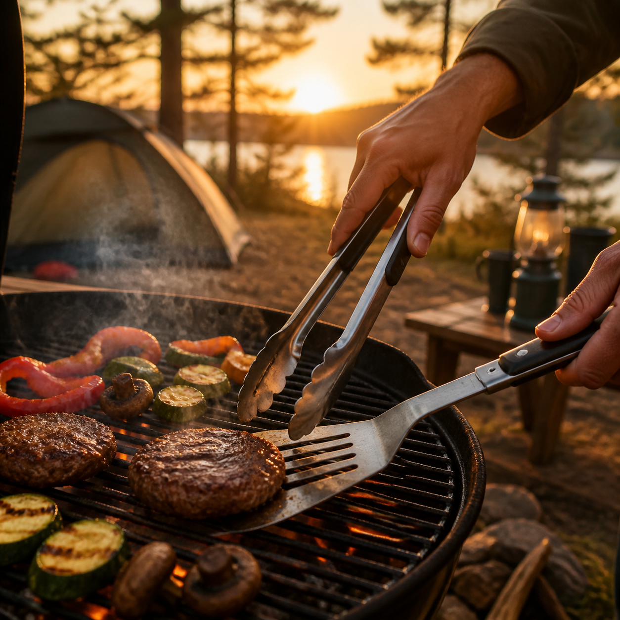 OXO grilling tools in use at a campsite grill