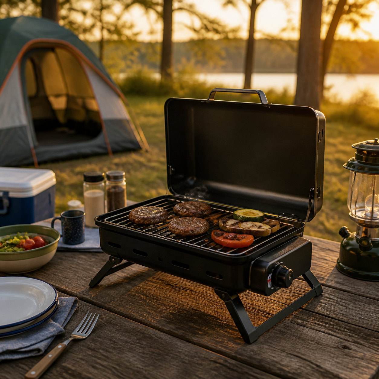 Char-Broil Portable Grill Review: 7 Practical Pros and 3 Drawbacks 2 Portable gas grill cooking burgers at a campsite