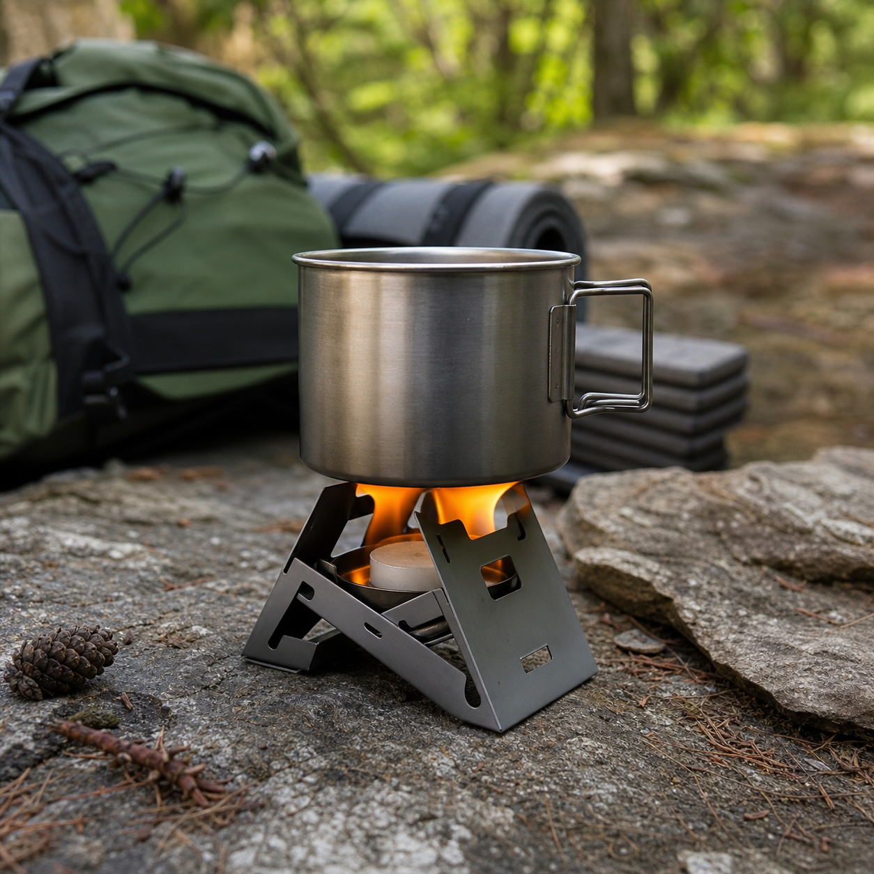 solid fuel camping stove heating a mug outdoors