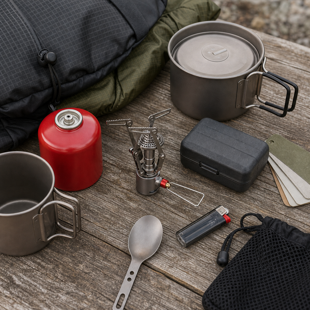 MSR PocketRocket 2 lightweight backpacking cooking kit layout