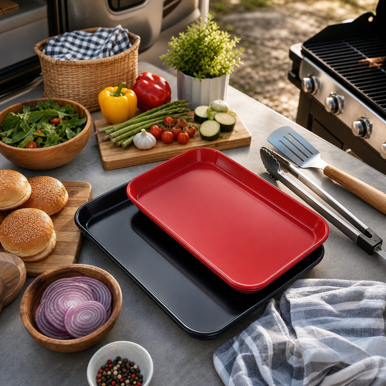 Cuisinart grilling trays nested with camp cooking tools