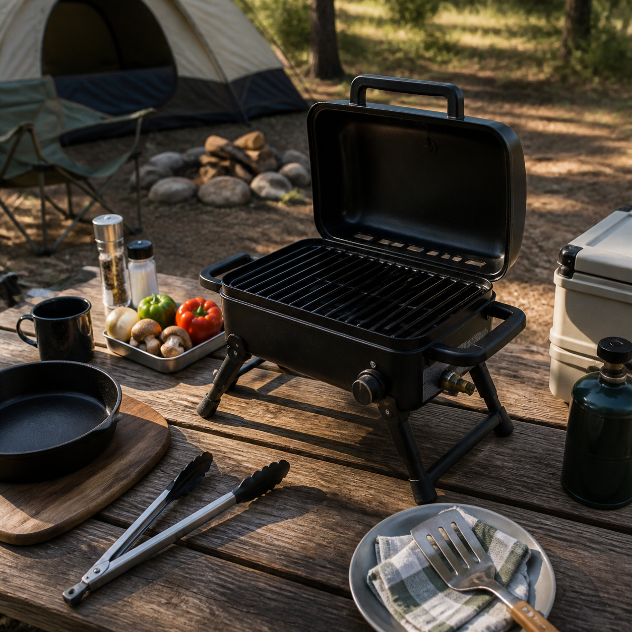 Char-Broil Portable Grill Review: 7 Practical Pros and 3 Drawbacks 3 Camping meal setup with a small tabletop grill