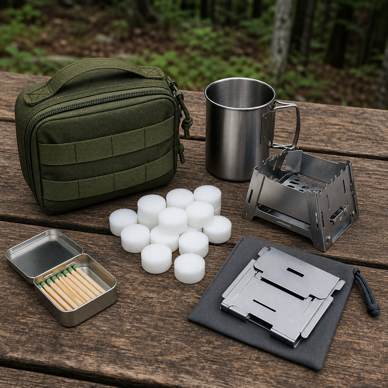 compact camping emergency cooking kit with fuel tablets