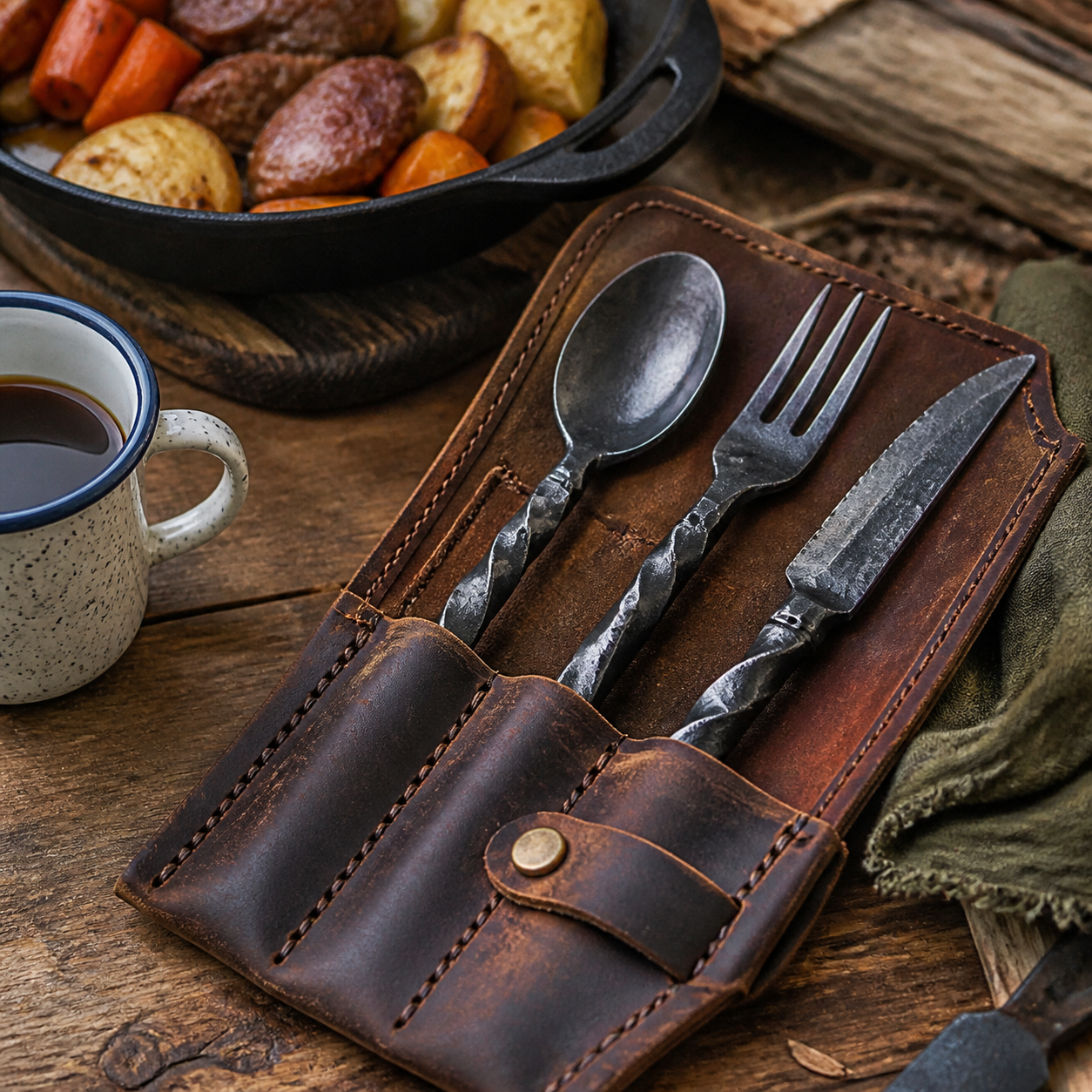 SZCO Cutlery Review: 7 Powerful Pros and 3 Drawbacks 3 carbon steel camp utensil set with leather pouch