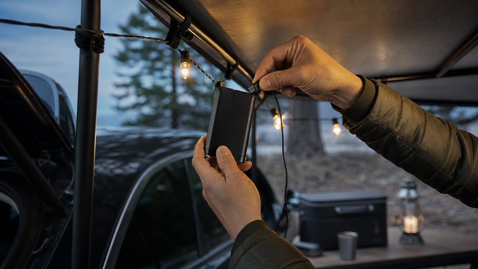 camping string lights battery close-up showing a rechargeable power hub clipped under a canopy