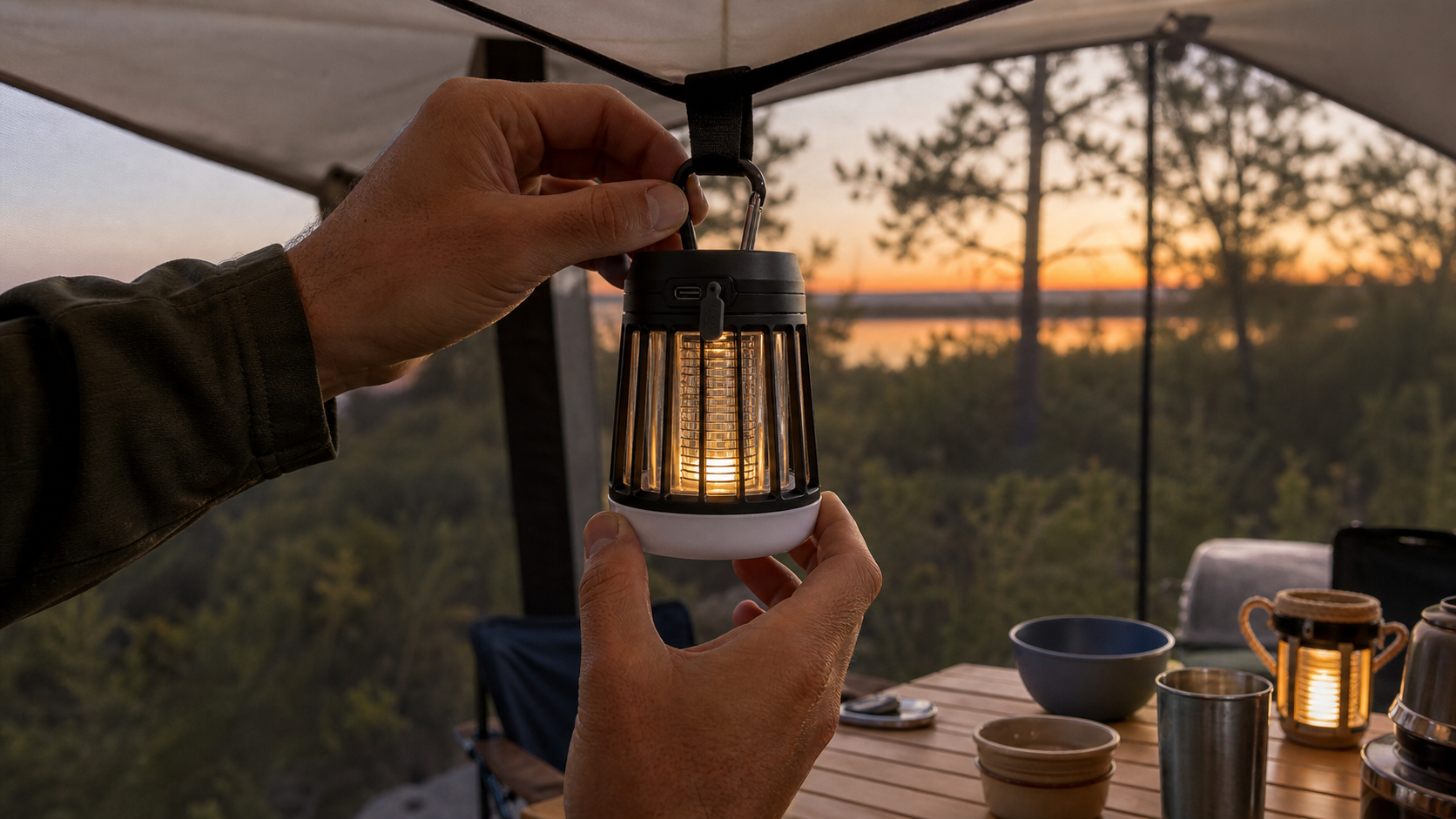 Rechargeable Bug Zapper Lantern: 6 Smart Proven Checks for Better Camp Nights 3 rechargeable bug zapper lantern being clipped into a campsite canopy for dinner prep