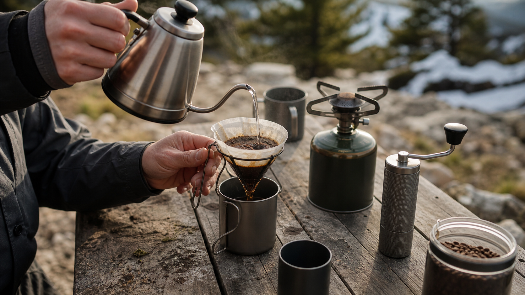 Portable Camping Coffee Maker Setup Close-Up portable camping coffee maker close-up with pour-over setup on a picnic table
