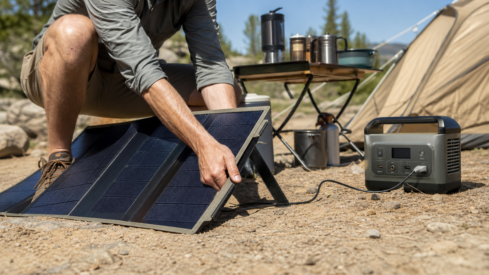 folding solar panel camping setup close-up with kickstand and cable