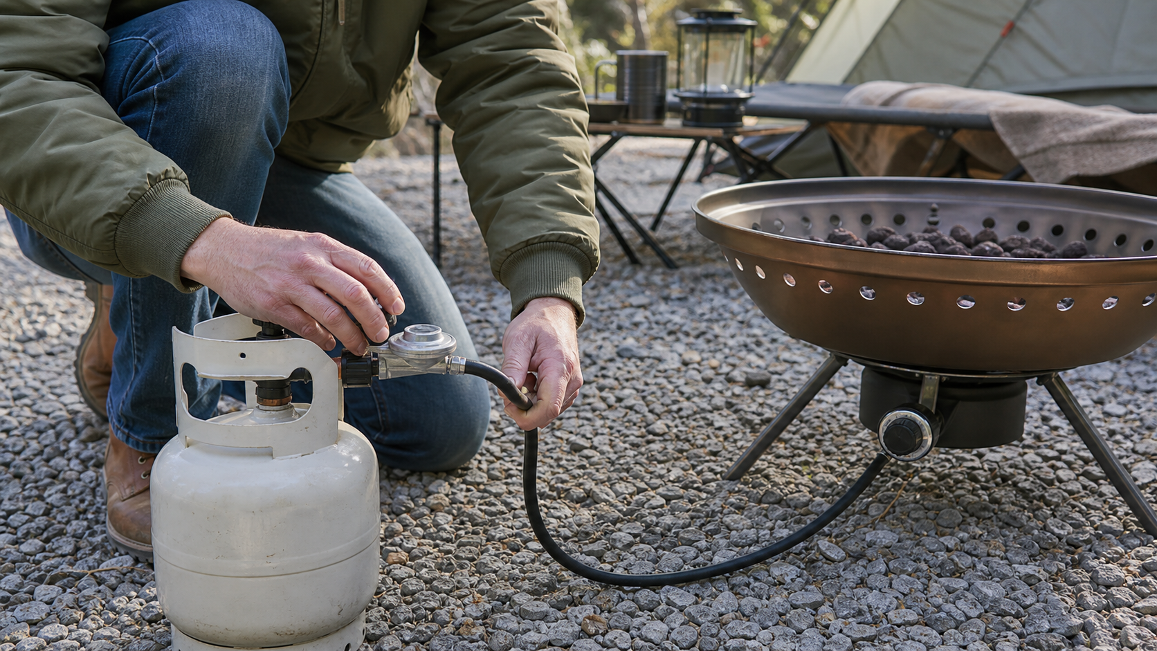 Portable Propane Fire Pit Camping Setup camper setting up a portable propane fire pit camping hose and regulator on gravel