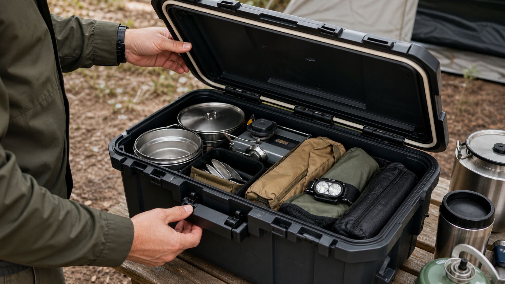 waterproof camping storage box open with organized cooking and lighting gear