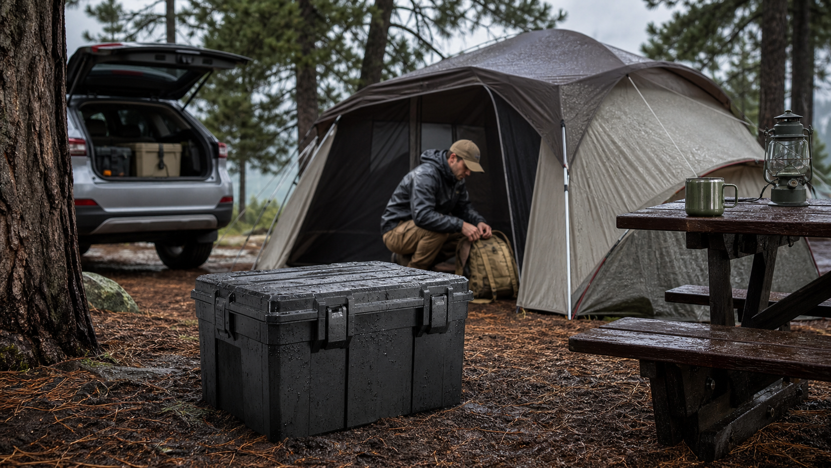 waterproof camping storage box beside a tidy rainy-day campsite