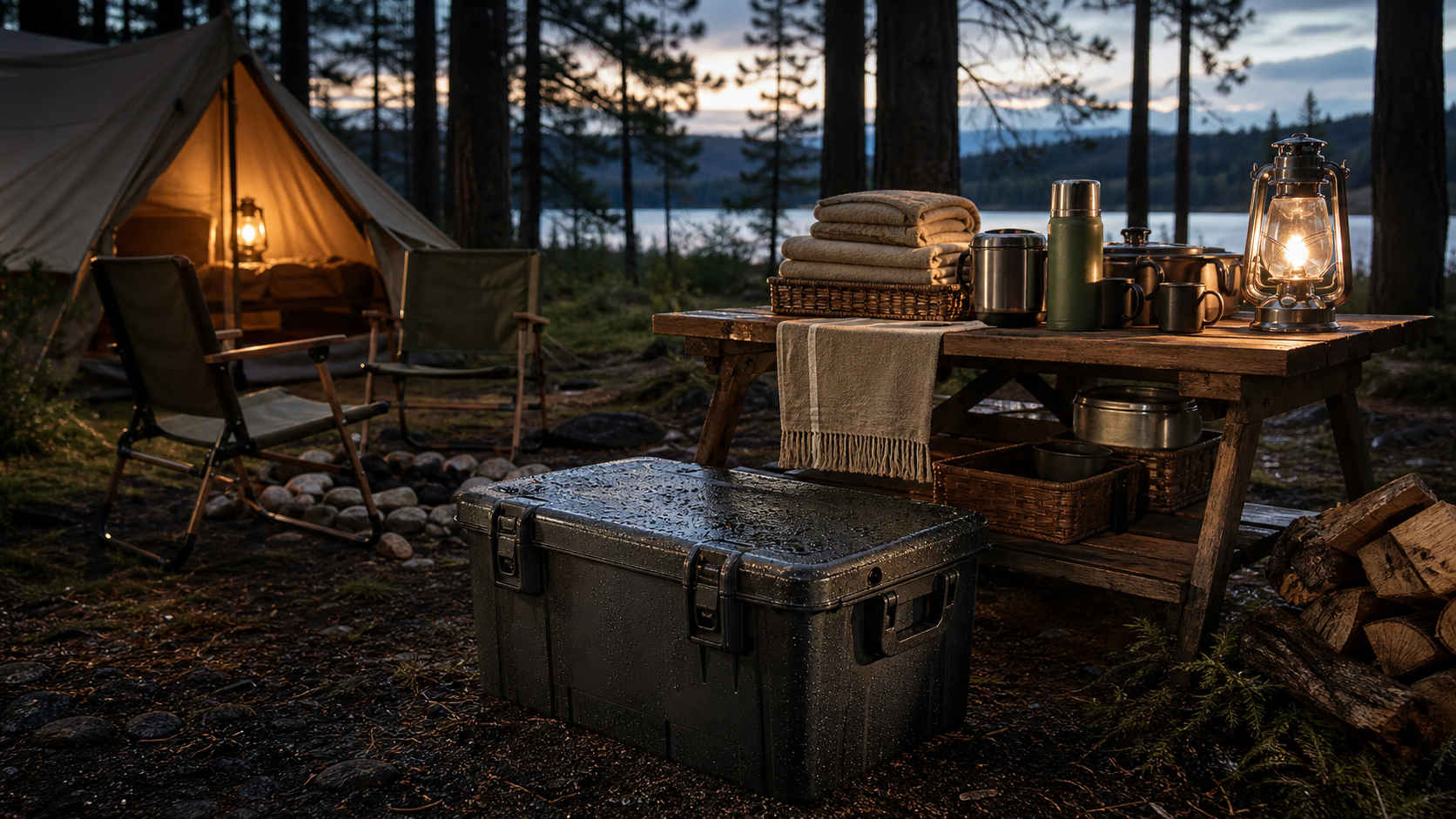 waterproof camping storage box helping keep a calm dry evening campsite organized