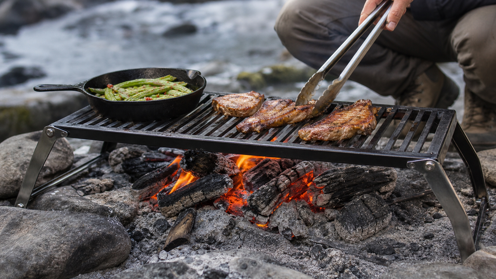 Portable Camping Grill Grate close-up over glowing coals portable camping grill grate holding a skillet and grilled food above campfire coals