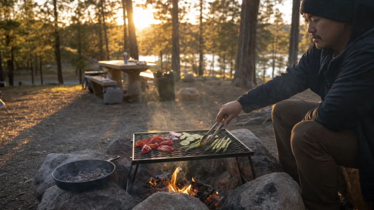 portable camping grill grate over a controlled campfire ring at sunset