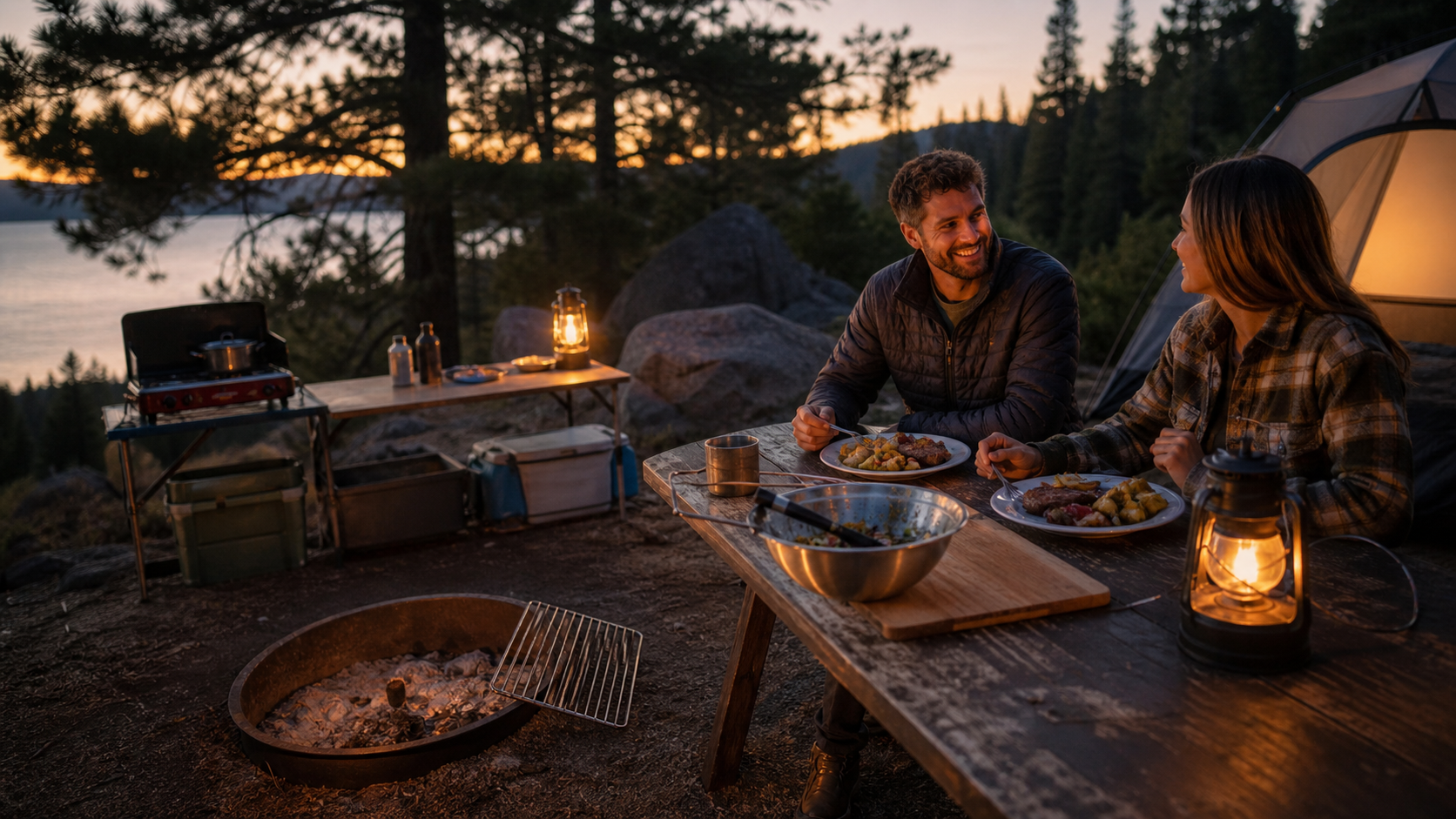 Portable Camping Grill Grate after a successful campsite dinner portable camping grill grate beside a relaxed finished campsite dinner at dusk
