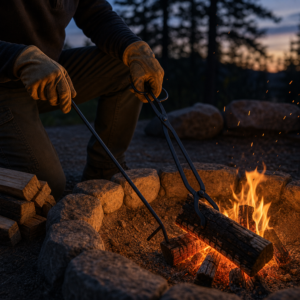 fire pit tool set in use at dusk
