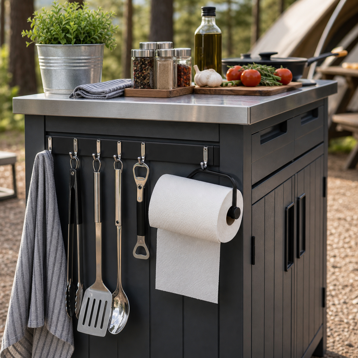 Camp cooking accessories arranged on a stainless steel prep table