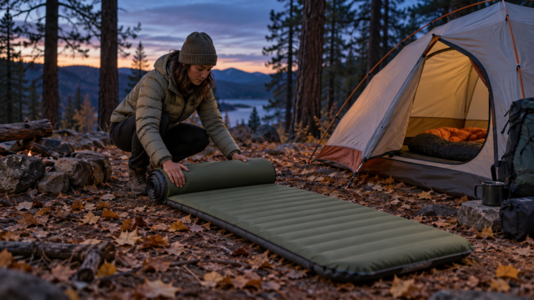 Cold weather camping sleeping pad being unrolled beside a tent at dusk